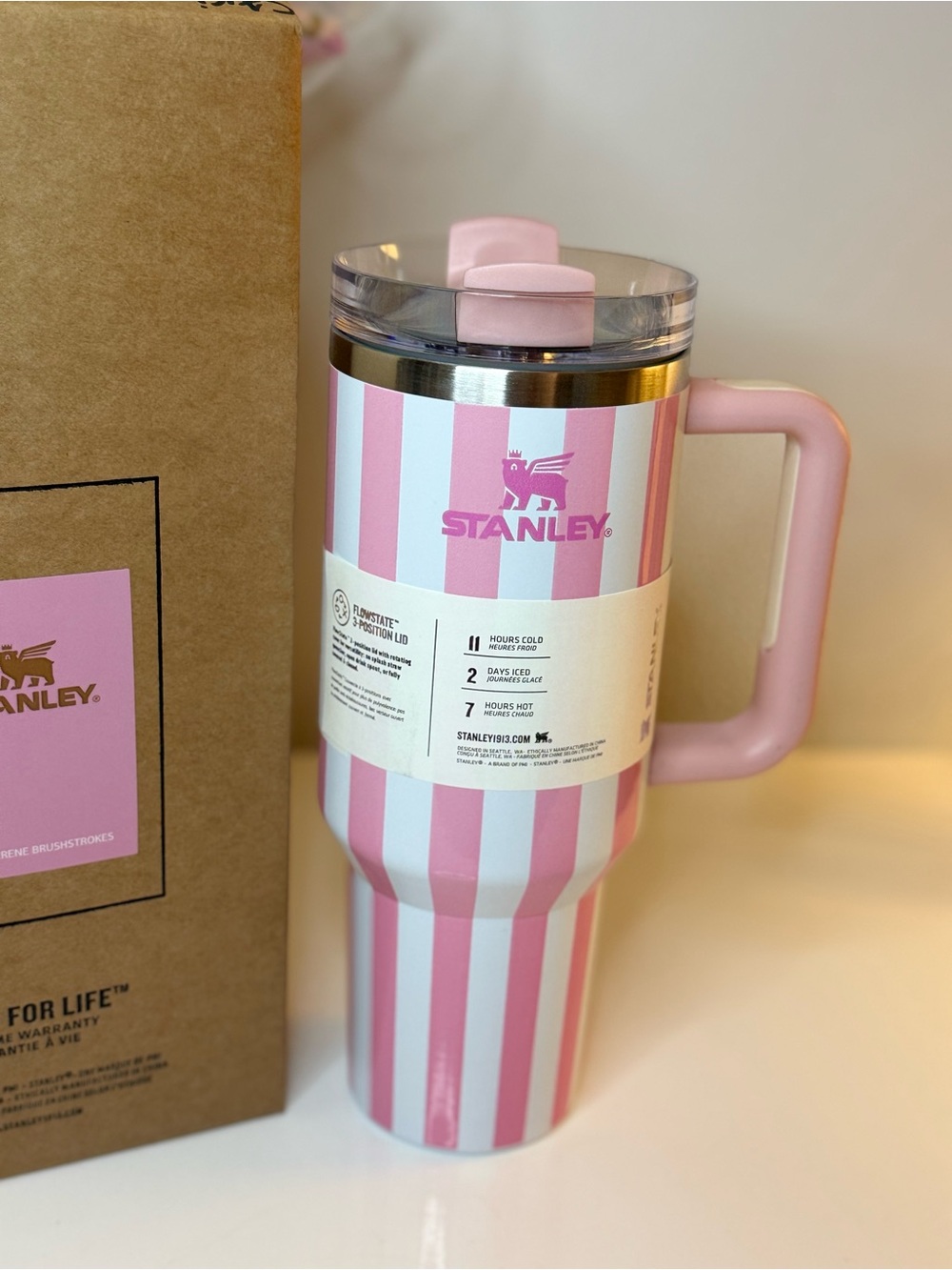 New! Stanley Quencher Pink & White Striped Insulated Tumbler . 40 oz - Picture 4 of 8